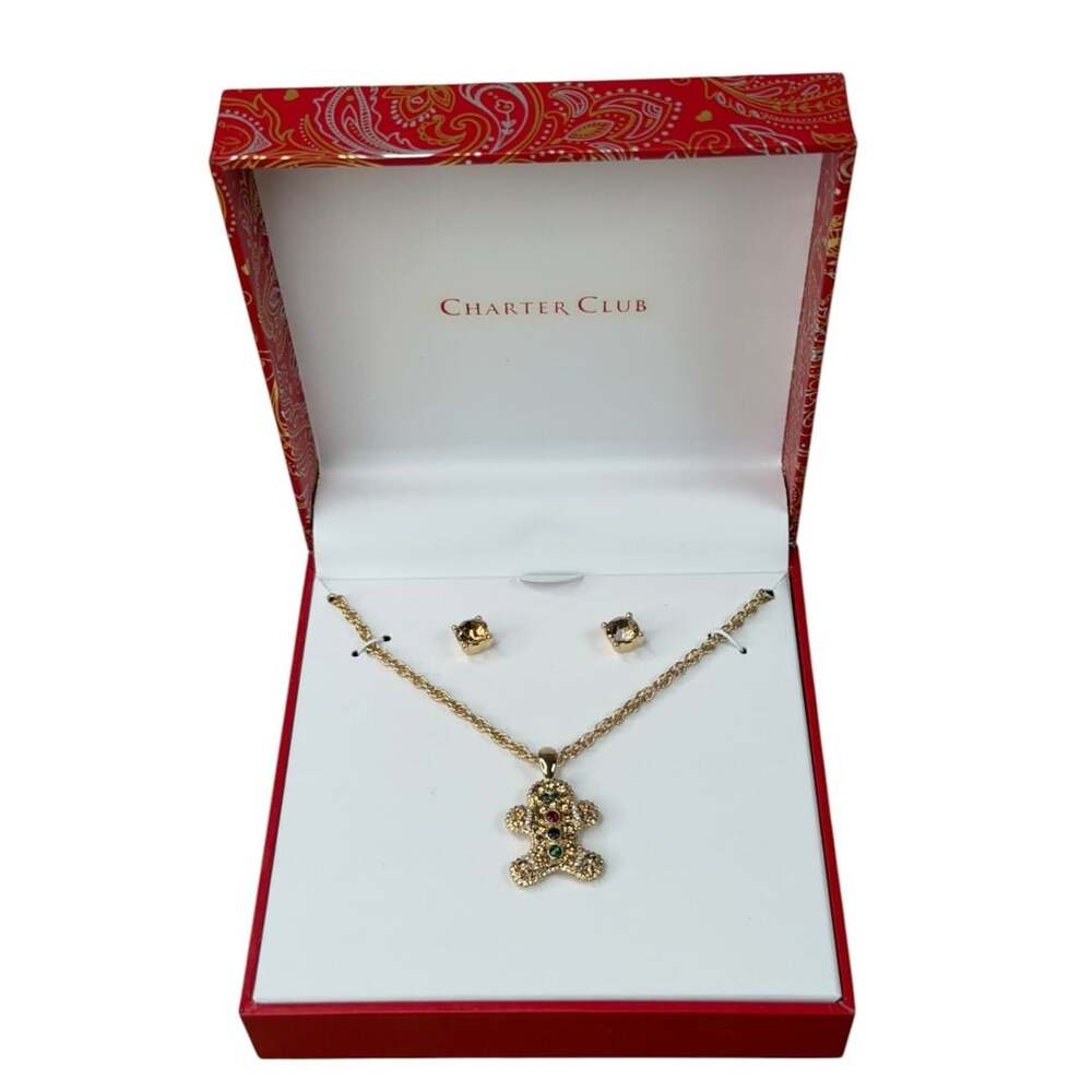 Charter Club Gold-Tone Crystal Gingerbread Man Necklace & Stud Earrings Set